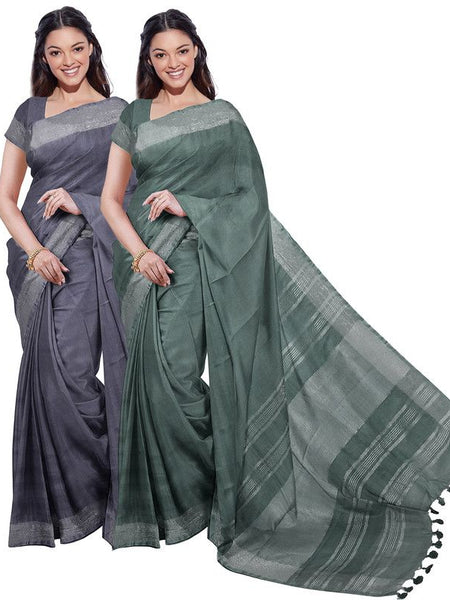 Grey & Hookers' Green women's Bhagalpuri Handloom Cotton-Linen Blend Saree Combo (Pack Of 2) With Running Unstiched Blouse Piece