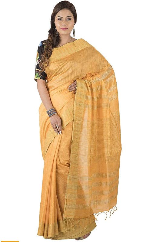Yellow-Gold women's Bhagalpuri Handloom Kota Silk Temple Border Saree And Variation Of Colors With Striped Blouse Piece - View 8