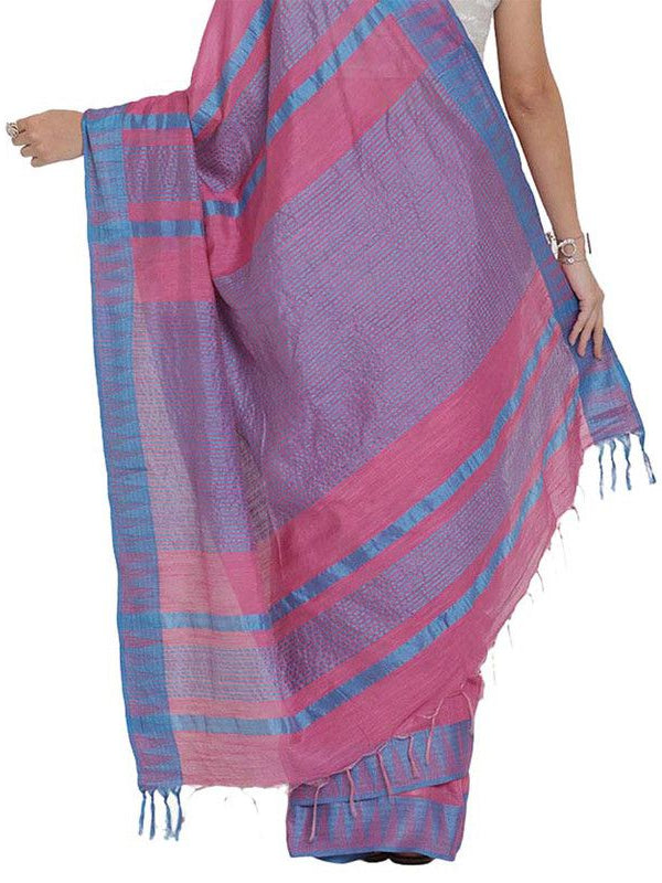 Blush Pink women's Bhagalpuri Handloom Kota Silk Temple Border Saree And Variation Of Colors With Striped Blouse Piece - View 6