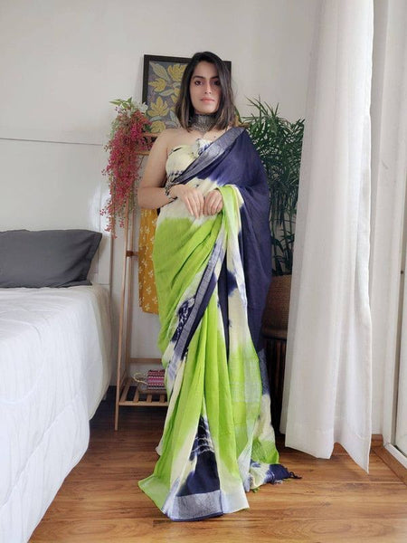 Linen Bhagalpuri Sibory Dye Handloom Saree (Blue-White-Parrot_Green)