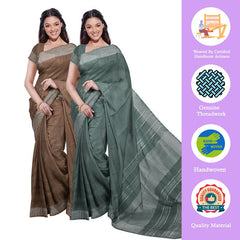 Brown & Hookers' Green women's Bhagalpuri Handloom Cotton-Linen Blend Saree Combo (Pack Of 2) With Running Unstiched Blouse Piece - View 2
