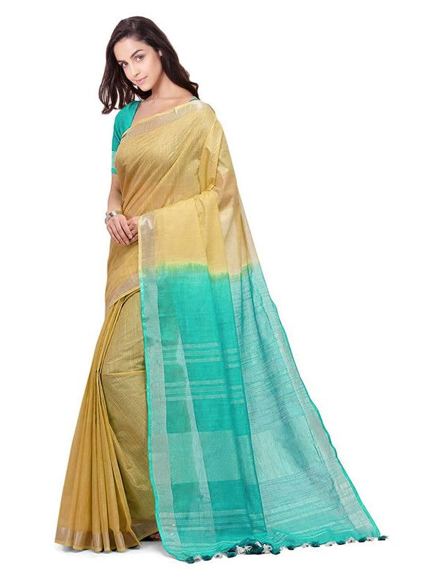 Jasmine Tan & Turquoise women's Bhagalpuri Handloom Pure Cotton Two Dye Saree With Running Unstitched Blouse Piece - View 4