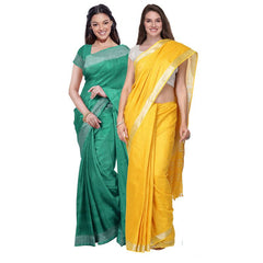 Mint Green & Yellow women's Bhagalpuri Handloom Cotton-Linen Blend Saree Combo (Pack Of 2) With Running Unstiched Blouse Piece