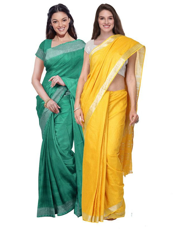 Mint Green & Yellow women's Bhagalpuri Handloom Cotton-Linen Blend Saree Combo (Pack Of 2) With Running Unstiched Blouse Piece