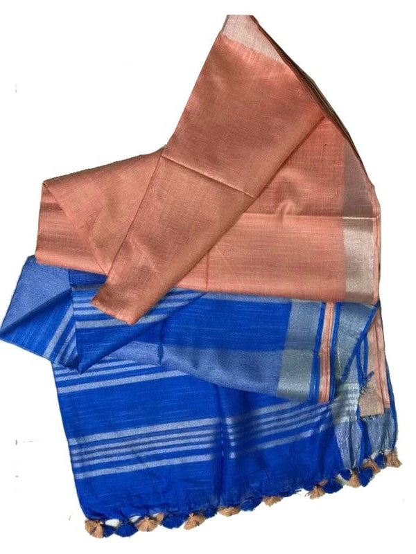 Denim Blue & Tangerine Oprange women's Ethnic Wear Bhagalpuri Handloom Cotton Slub Blend Two Dye Saree With Running Unstitched Blouse Piece - View 5