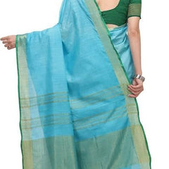 Linen Cotton Blend Contrast Handloom Bhagalpuri Saree for Women (Gold-Cyan-Dark_Green) - View 3