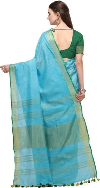 Linen Cotton Blend Contrast Handloom Bhagalpuri Saree for Women (Gold-Cyan-Dark_Green) - View 3