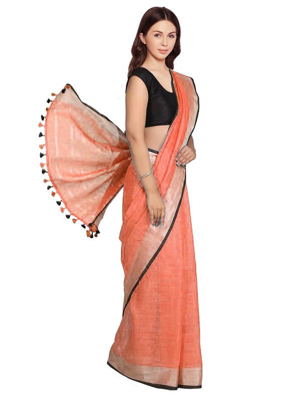 Carol Orange women's Bhagalpuri Blend Linen Saree With Black Pipine Contrast Blouse Piece