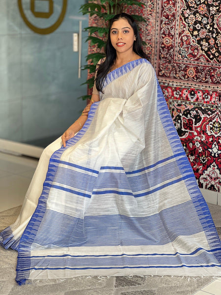 Blue women's Bhagalpuri Kota Viscous Temple Border White Saree And Variable Color Border With Blouse Piece - View 2