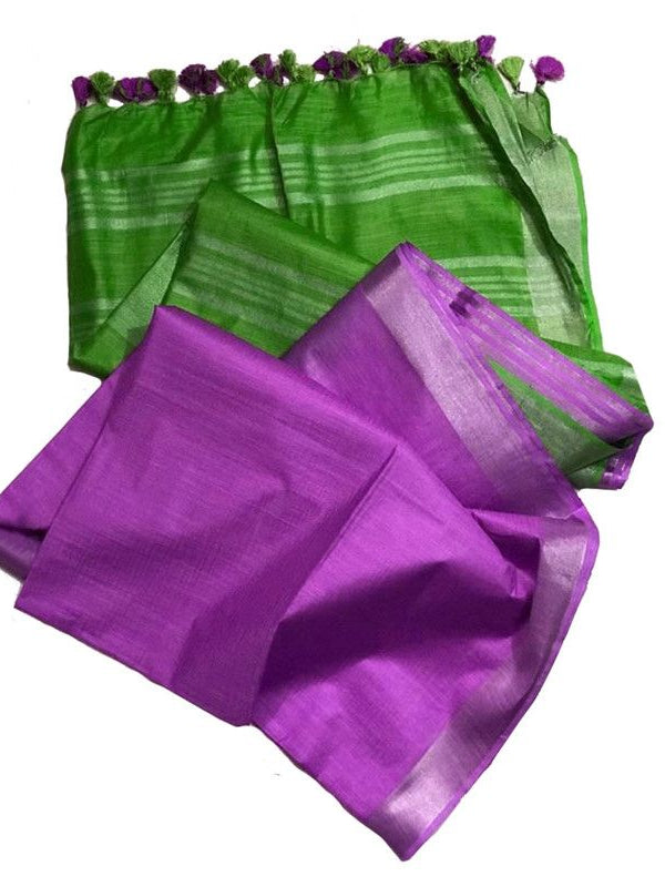 Kelly Green & Steel Purple Bhagalpuri Handloom women's Ethnic Wear Cotton Slub Blend Two Dye Saree With Running Unstitched Blouse Piece - View 6