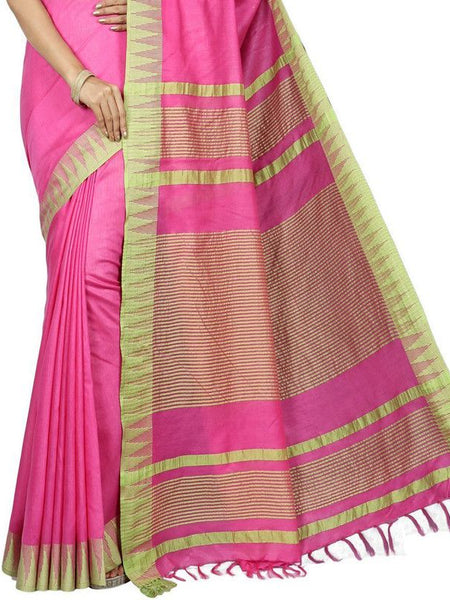 Hot Pink women's Bhagalpuri Handloom Kota Silk Temple Border Saree And Variation Of Colors With Striped Blouse Piece - View 3