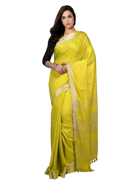 Lemon Yellow Bhagalpuri women's Handloom Linen Cotton Ethnic Wear Saree With Running Unstitched Blouse Piece - View 2
