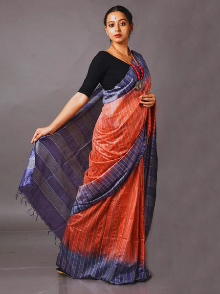 Bhagalpuri Semi Tussar Silk Striped Two Dye Saree (Rough_Orange & Martinie_Blue) - View 3