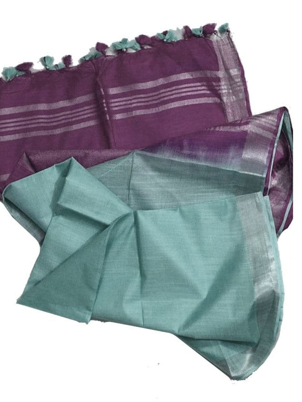 Japanese Violet & Mint Cyan Bhagalpuri Handloom women's Ethnic Wear Cotton Slub Blend Two Dye Saree With Running Unstitched Blouse Piece - View 7