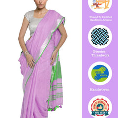 Plum Purple-Green women's Bhagalpuri Handloom Cotton Linen Blend Contrast Pallu Saree And Unstitched Contrast Blouse Piece - View 2