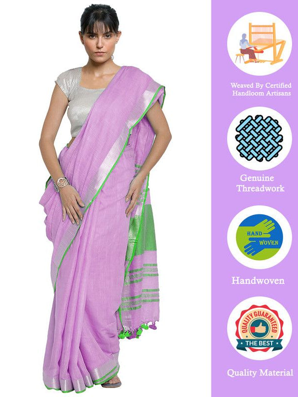 Plum Purple-Green women's Bhagalpuri Handloom Cotton Linen Blend Contrast Pallu Saree And Unstitched Contrast Blouse Piece - View 2