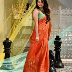 Zari Weaving Handloom Designer Bhagalpuri Saree (Rusty_Orange) - View 3