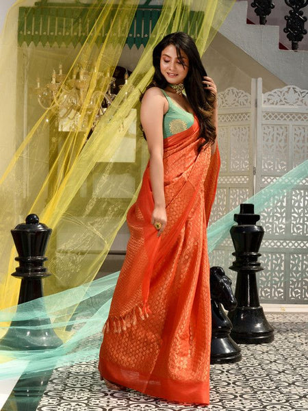 Zari Weaving Handloom Designer Bhagalpuri Saree (Rusty_Orange) - View 3