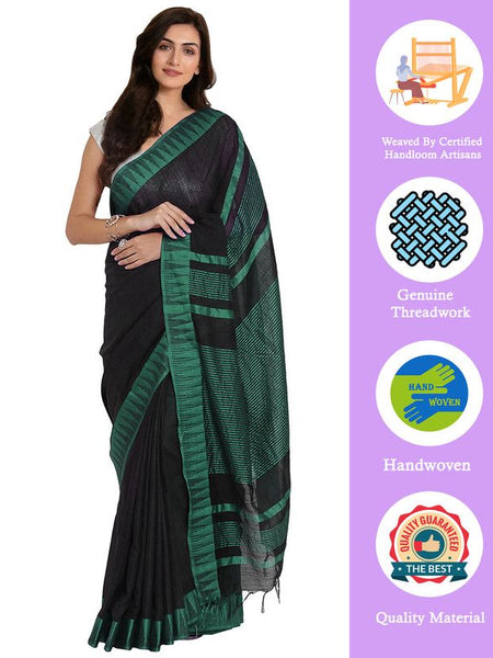 Black-Turquoise women's Bhagalpuri Handloom Katan Viscous Silk Temple Border Saree Ethnic Wear With Running Unstitched Striped Blouse Piece - View 2
