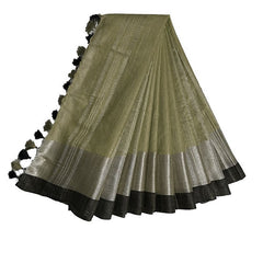 Moss Green Bhagalpuri Handloom women's Linen Slub Blend Saree With Black Pipin Contrast Blouse Piece