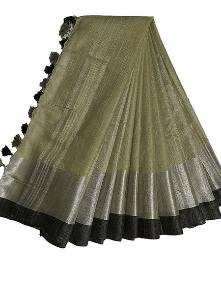 Moss Green Bhagalpuri Handloom women's Linen Slub Blend Saree With Black Pipin Contrast Blouse Piece