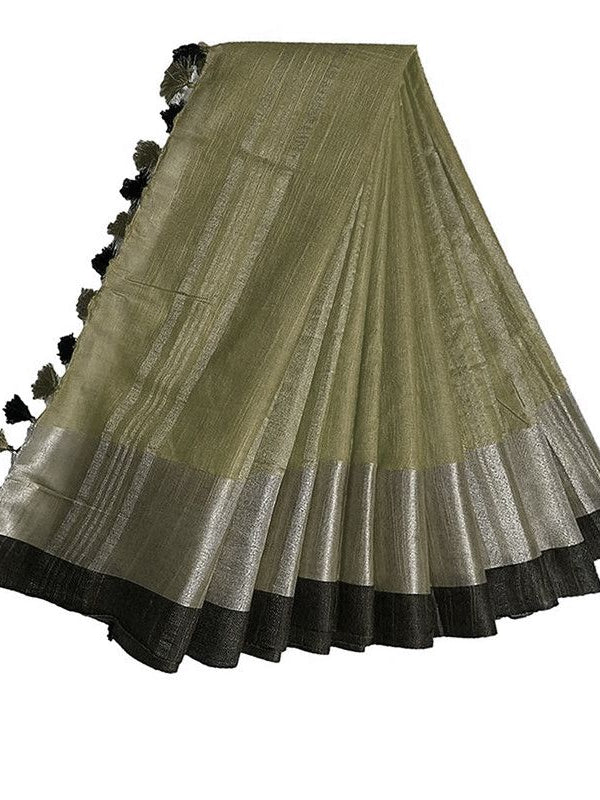 Moss Green Bhagalpuri Handloom women's Linen Slub Blend Saree With Black Pipin Contrast Blouse Piece