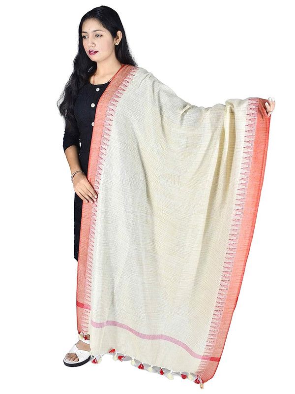 Bhagalpuri Linen Temple Dupatta with Natural Texture (Orange) - View 2