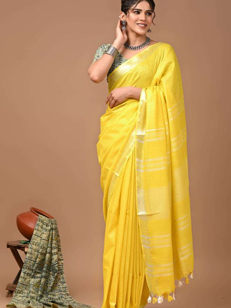 Linen Cotton Blend Handloom Bhagalpuri Saree with Zari Border (12782 Canary_Yellow)