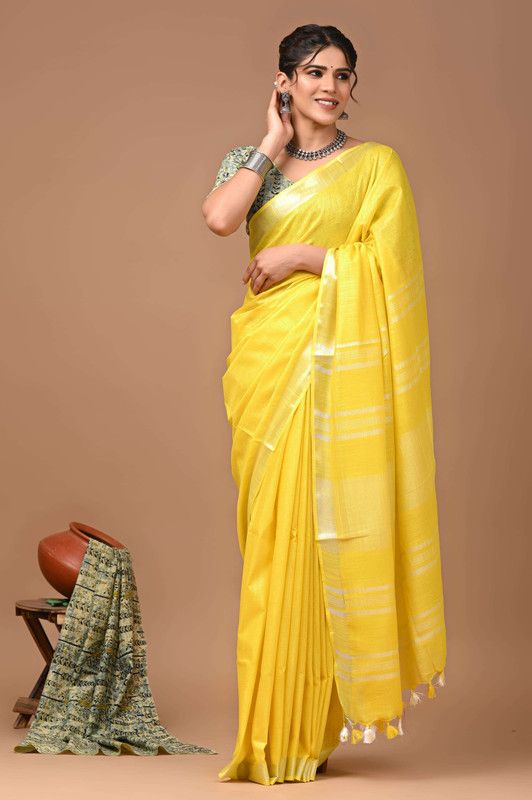 Linen Cotton Blend Handloom Bhagalpuri Saree with Zari Border (12782 Canary_Yellow)