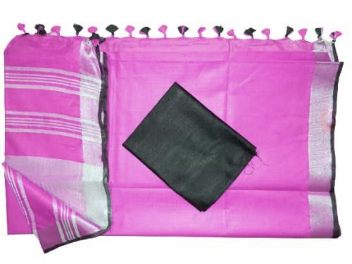 Ultra Pink women's Bhagalpuri Blend Linen Saree With Black Pipin Contrast Blouse Piece