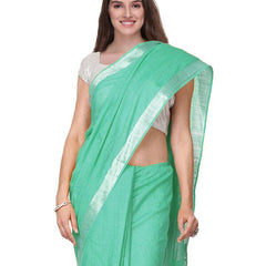 Mint Turquoise women's Handloom Bhagalpuri Cotton Linen Slub Blend Zari Border Saree Ethnic Wear With Running Unstitched Blouse Piece - View 4