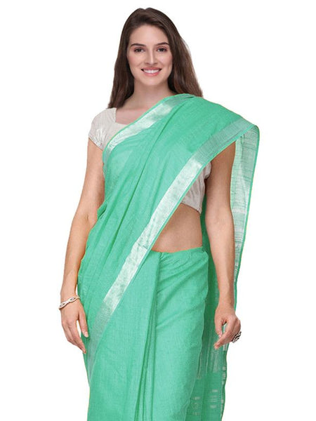 Mint Turquoise women's Handloom Bhagalpuri Cotton Linen Slub Blend Zari Border Saree Ethnic Wear With Running Unstitched Blouse Piece - View 4