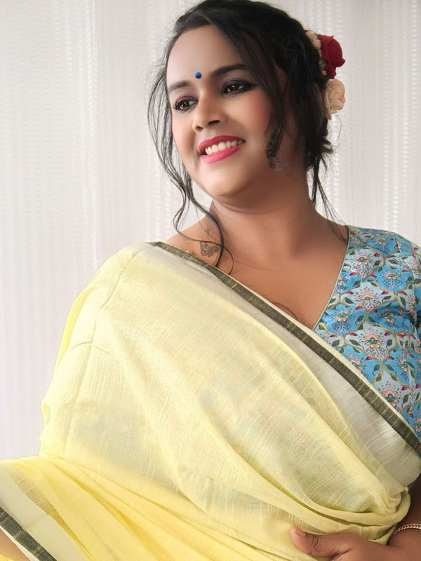 Beige-Black women's Bhagalpuri Blend Linen Saree With Contrast Blouse Piece - View 8