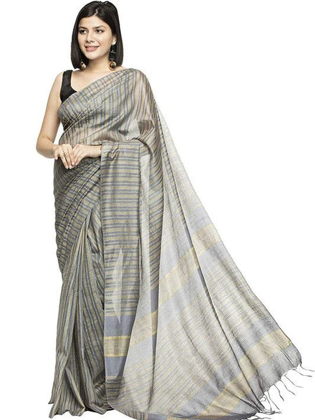 Striped Handloom Bhagalpuri Kota Silk Bollywood Saree (Grey)
