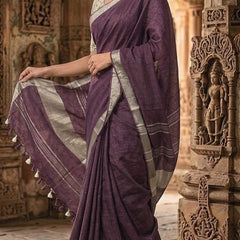 Handwoven Linen Blend Saree With Running Blouse Piece(Purple)