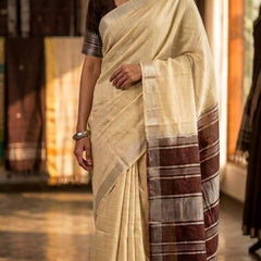 Elegant Linen Cotton Blend Saree for WDS | Cream Saree with Contrast Woven Pallu & Silver Zari Border | Traditional Ethnic Wear - View 3
