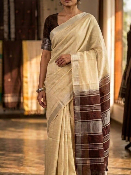 Elegant Linen Cotton Blend Saree for WDS | Cream Saree with Contrast Woven Pallu & Silver Zari Border | Traditional Ethnic Wear - View 3