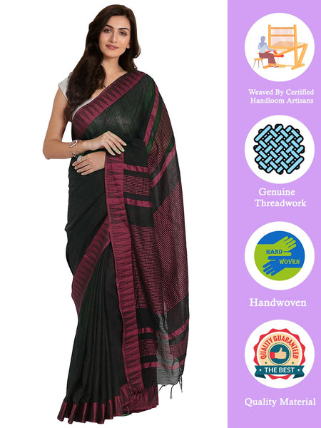 Black & Pink women's  Bhagalpuri Handloom Katan Viscous Silk Temple Border Saree Ethnic Wear With Running Unstitched Striped Blouse Piece - View 2