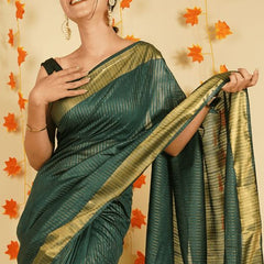 Sequins Handloom Silk Bhagalpuri British Green Striped Saree - View 4