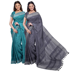 Cyan & Grey women's Bhagalpuri Handloom Cotton-Linen Blend Saree Combo (Pack Of 2) With Running Unstiched Blouse Piece