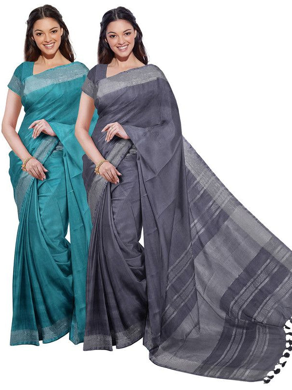 Cyan & Grey women's Bhagalpuri Handloom Cotton-Linen Blend Saree Combo (Pack Of 2) With Running Unstiched Blouse Piece