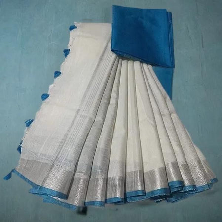 White  Bhagalpuri Blend Linen Saree With Contrast Free Blouse Piece