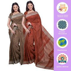 Brown & Sienna Orange women's Bhagalpuri Handloom Cotton-Linen Blend Saree Combo (Pack Of 2) With Running Unstiched Blouse Piece