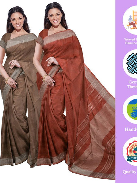 Brown & Sienna Orange women's Bhagalpuri Handloom Cotton-Linen Blend Saree Combo (Pack Of 2) With Running Unstiched Blouse Piece
