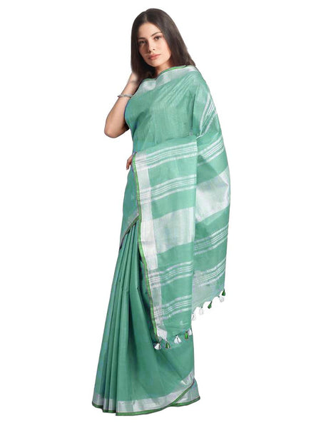 Mint Green women's Handloom Bhagalpuri Linen-Cotton Saree With Contrast Blouse Piece - View 2