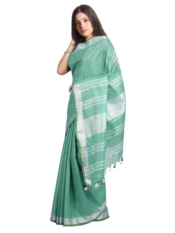 Mint Green women's Handloom Bhagalpuri Linen-Cotton Saree With Contrast Blouse Piece - View 2