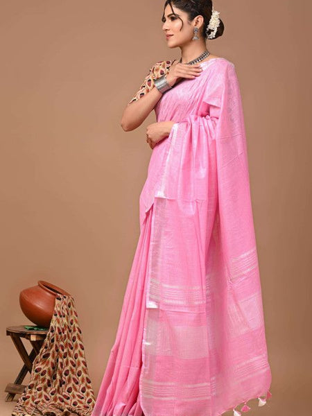 Linen Cotton Blend Handloom Bhagalpuri Saree with Zari Border (12793. Light_Pink) - View 2