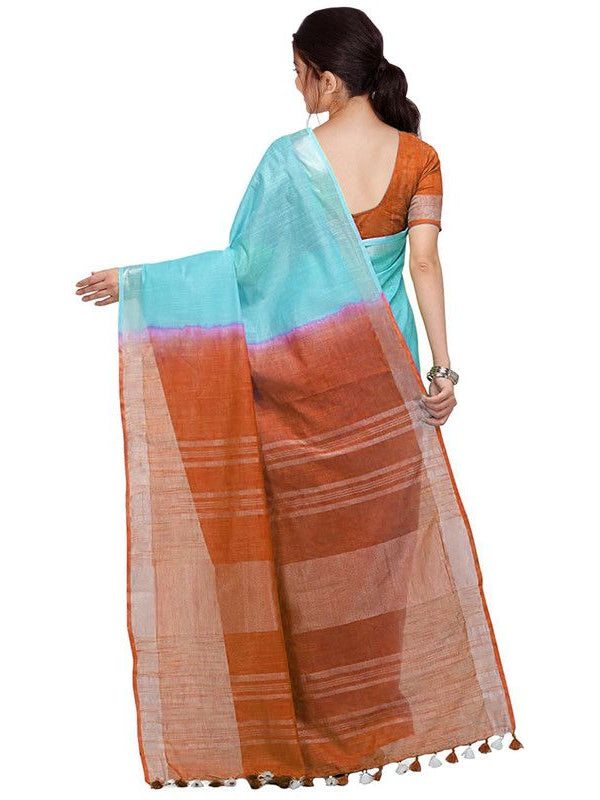 Turquoise & Mohangni Orange women's Handloom Bhagalpuri Cotton Linen Blend Two Dye Saree With Running Unstitched Blouse Piece - View 4