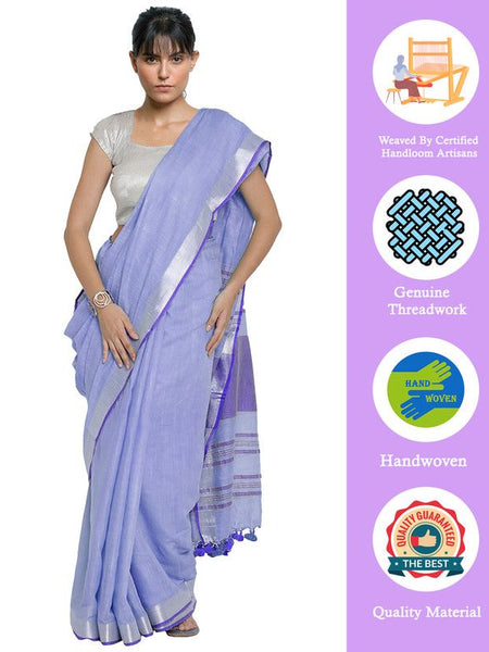 Tropical Indigo-Blue women's Bhagalpuri Handloom Cotton Linen Blend Contrast Pallu Saree And Unstitched Contrast Blouse Piece - View 2