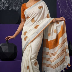Handwoven Bhagalpuri Linen Blend Embroidered Saree With Contrast Blouse Piece(White_Orange)